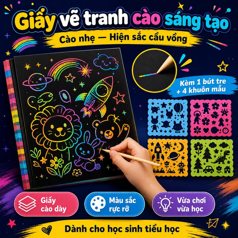 Giấy Vẽ Tranh Cào Cho Trẻ Em, Tô Màu và Vẽ DIY Sáng Tạo, Giấy Cào Dày, Nghệ…