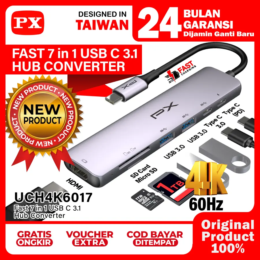 USB Hub Converter Type C Hub Adapter Laptop Tablet Type C 3.1 to HDTV 4K 60Hz USB 3.0 Type C Power Delivery 100W Memory Card SD Card Micro SD up to 1TB 7 Port 7 in 1 PX UCH4K6017