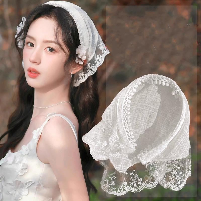 Băng Đô Khăn Quàng Cổ Tam Giác Ren, Hàng Mới Về, Dành Cho Nữ, Phong Cách Nông Thôn Băng Đô Ren Trắng, Băng Đô Tóc Quấn Vuông Nhẹ Nhàng