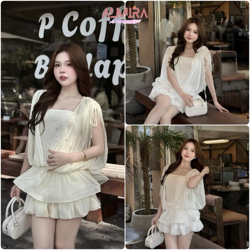 Váy Nữ Thiết Kế Sang Chảnh Rút Vai Choàng Ngoài Phối Ren Dáng Bí Chất Tơ Mềm