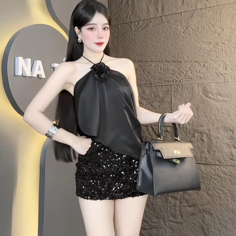 S6 Set Áo Yếm Lụa Phối Hoa + Chân Váy Kim Sa Sang Chảnh Đi Tiệc Đi Chơi Đi Bar Kèm Quần Bảo Hộ • NA TÍM Clothing