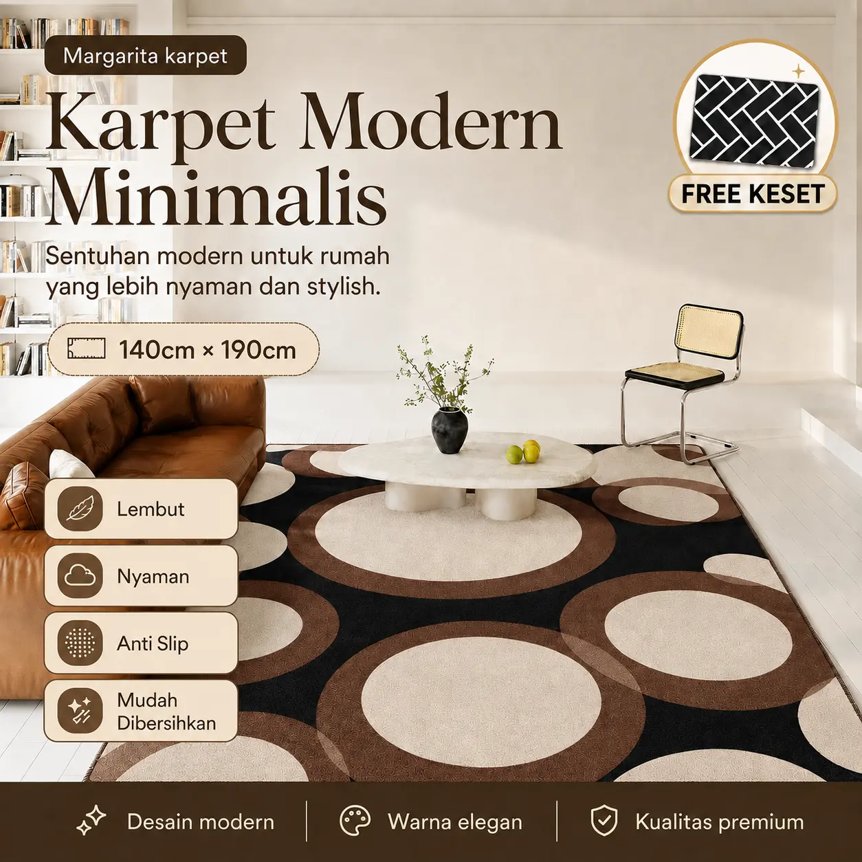 [140x190cm] FREE KESET Margarita Karpet Malaysia Busa Flanel Motif Lingkaran Elegan Tebal Lembut Nyaman Anti Slip untuk Ruang Tamu Premium