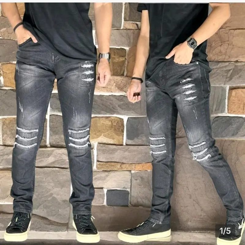 Celana Jeans Panjang Motif Sobek Pria Pola Petir Zigzag Skinny Fit Slimfitting Bahan Full Denim Melar Cowok Dewasa Slimfit 1
