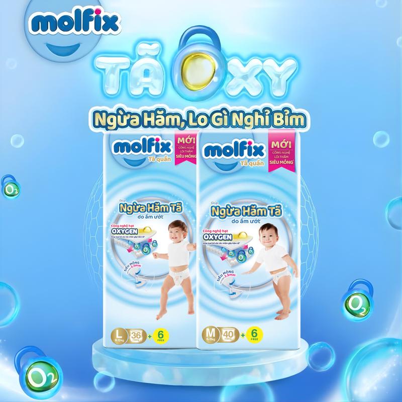 Combo 2 bịch Tã/bỉm quần Molfix Oxygen giúp Ngừa Hăm Tã đủ các size M40,L36,XL32,XXL28 cho bé yêu