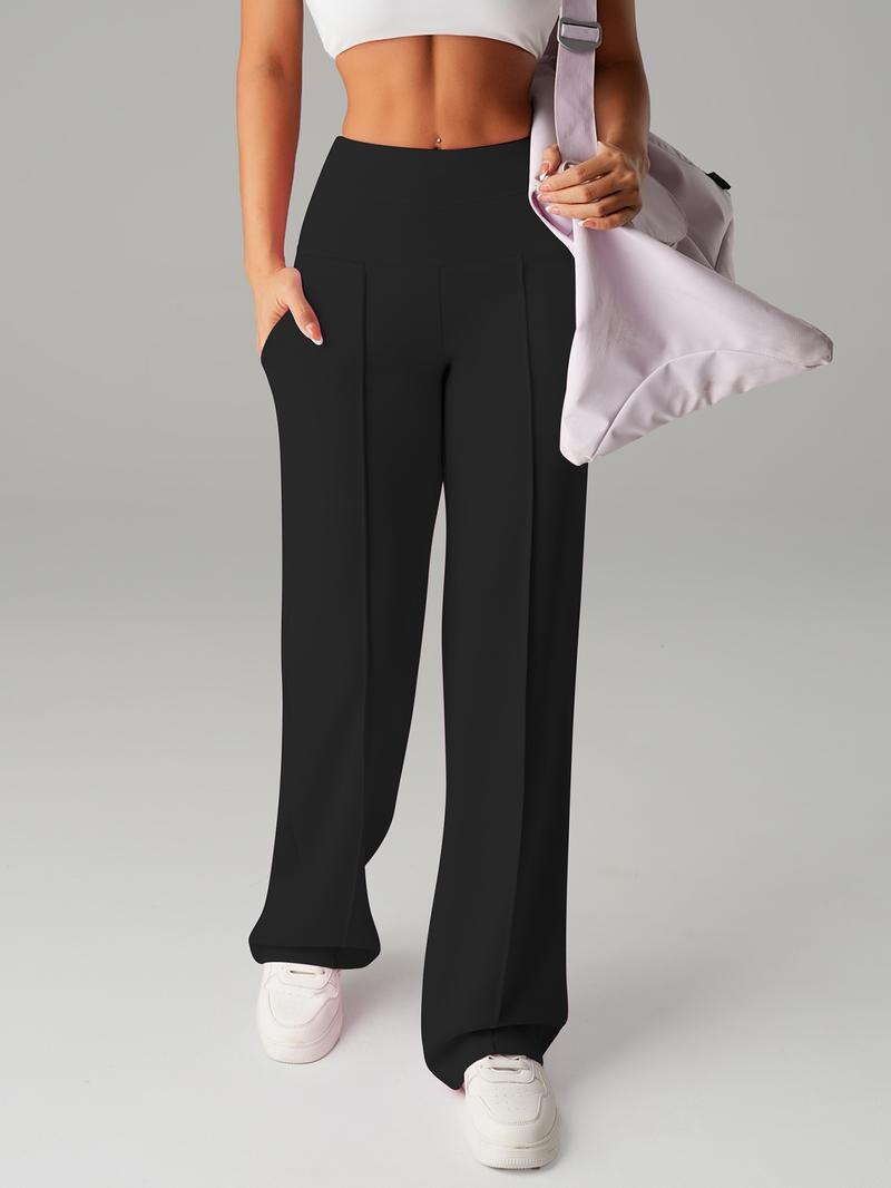 Women's Mid-Waist Elastic Wide Leg Pants, Casual Sporty Style, Comfortable Side Pockets, Multi-Functional Fall Winter Wear