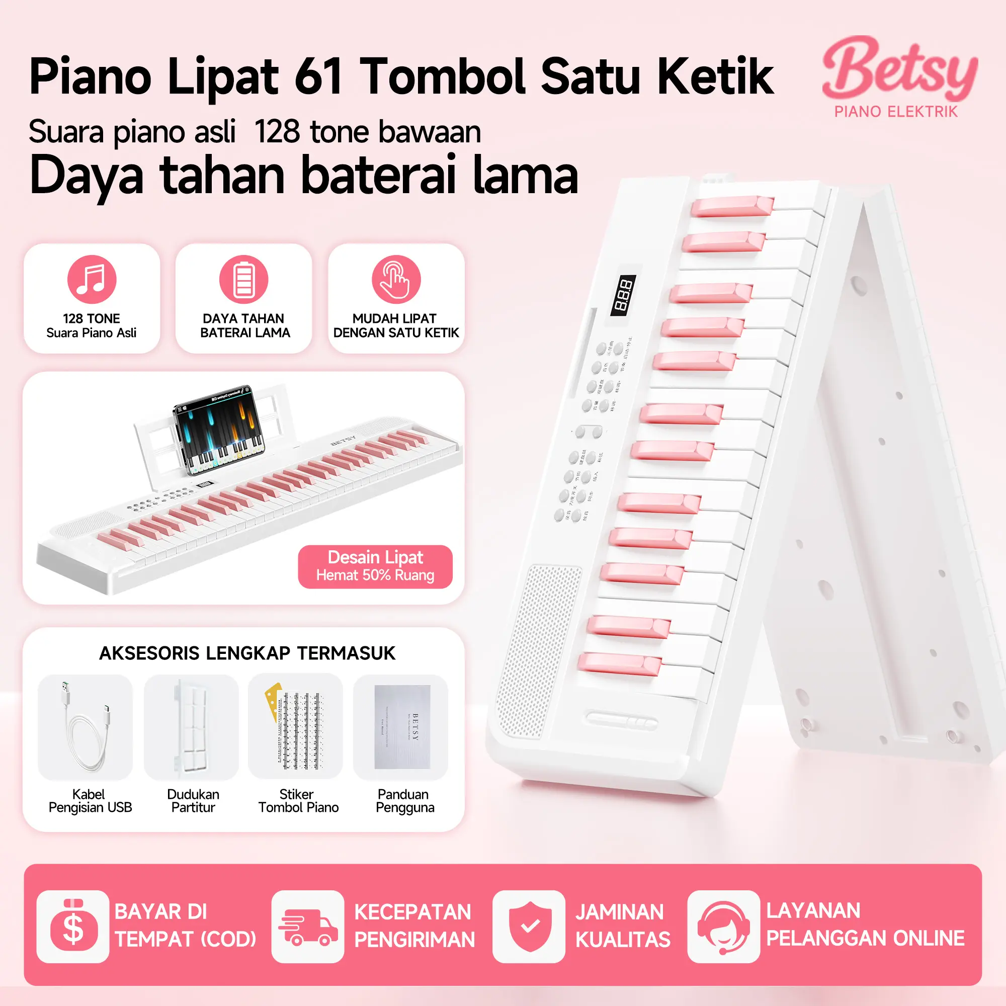 Piano Elektronik, BETSY B151, Boleh Dilipat, 61 Kunci, Mudah Alih, Cocok untuk Anak dan Pemula