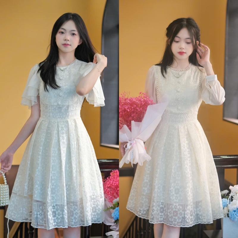 MiiuShop- Váy ren dáng lỡ xoè dài tay tơ