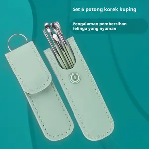 Alat pembersih telinga, alat pembersih telinga spiral, alat pembersih telinga, perlengkapan pembersih telinga dengan wadah kulit (6 buah)