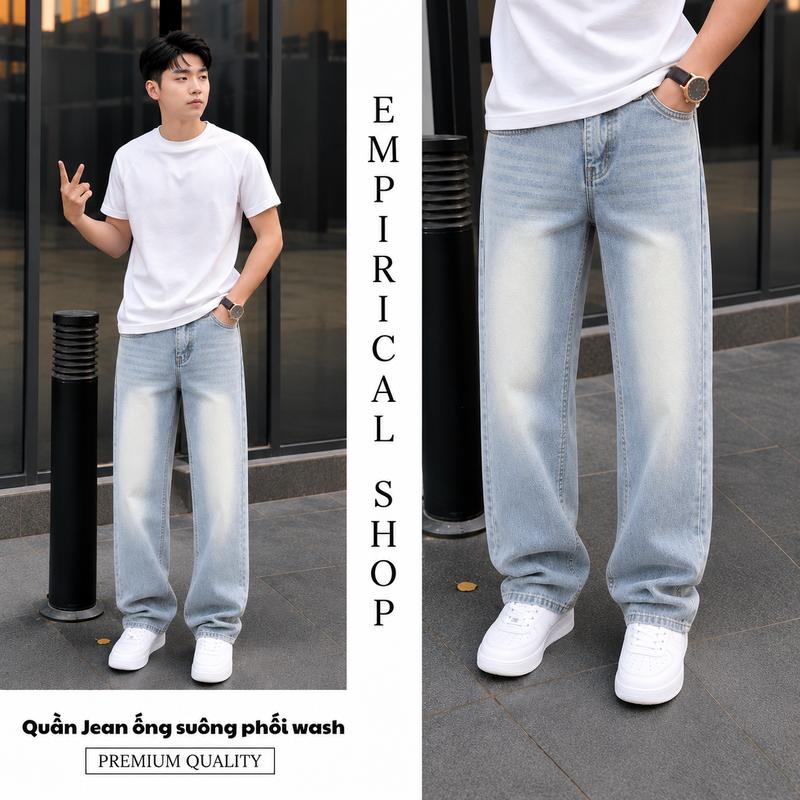 Quần Jean Nam Ống Suông Wash Xanh Nhạt Form Rộng Thời Trang Nam Hàn Quốc Cá Tính