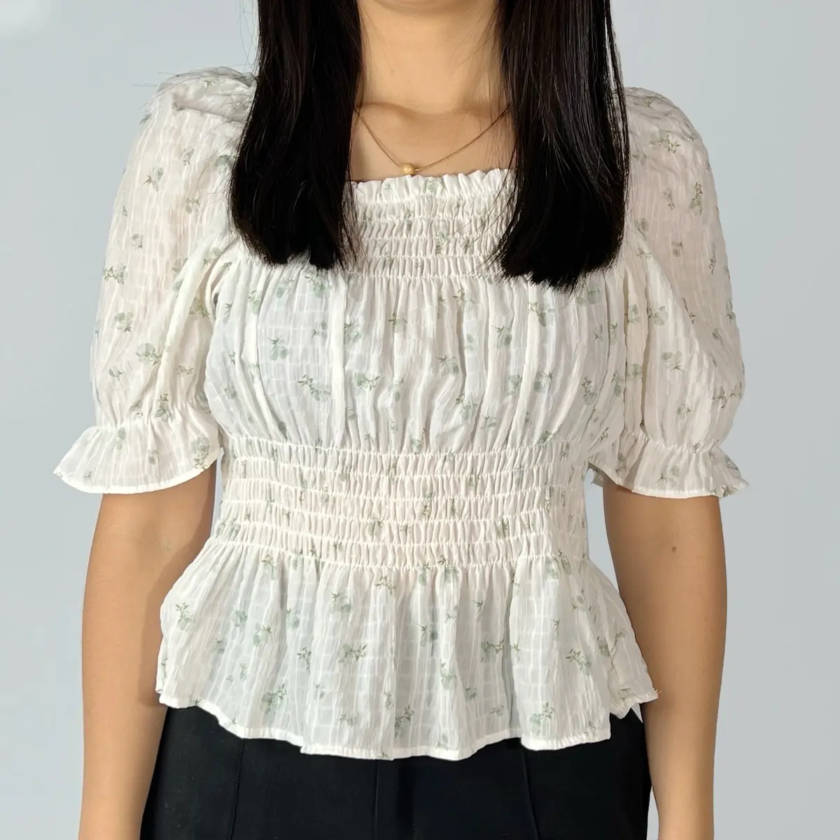 Blouse Wanita Vina Top Crop Katun Motif Bunga Pendek Casual