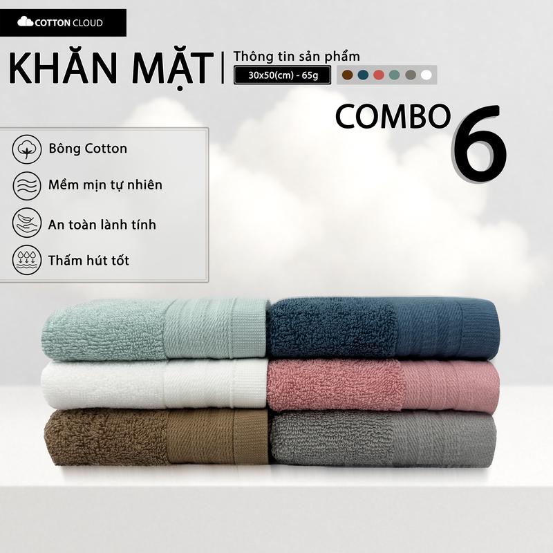 Combo 6 Khăn Mặt Khăn Lau Mặt COTTON CLOUD Chất Liệu Bông Cotton Kích Thước 30 x 50cm 65g Bông Dày Mềm Mại Thấm Hút Tốt Không Dễ Đổ Lông An Toàn Lành Tính 6 Màu