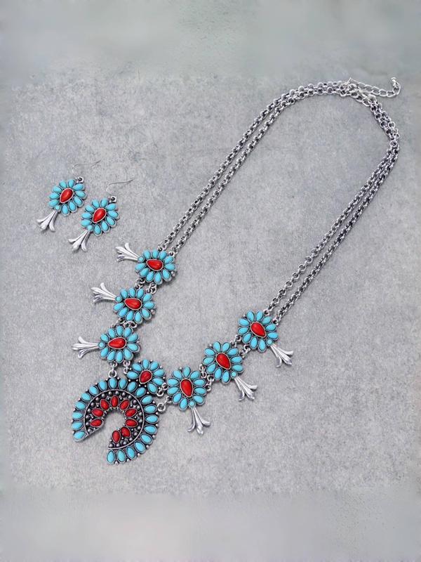 Boho Style Turquoise Decorated Necklace & Dangle Earrings, Fashion Jewelry for Party, Daily Clothing Decor, Trendy All-match & Exquisite Jewelry for Birthday Gift 4