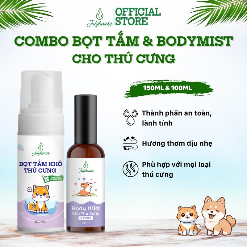  Combo Bọt tắm khô chó mèo 150ml và Bodymist xịt thơm khử mùi cho chó mèo JULYHOUSE 100ml làm sạch nhanh tiện lợi thơm lâu hương nước hoa 