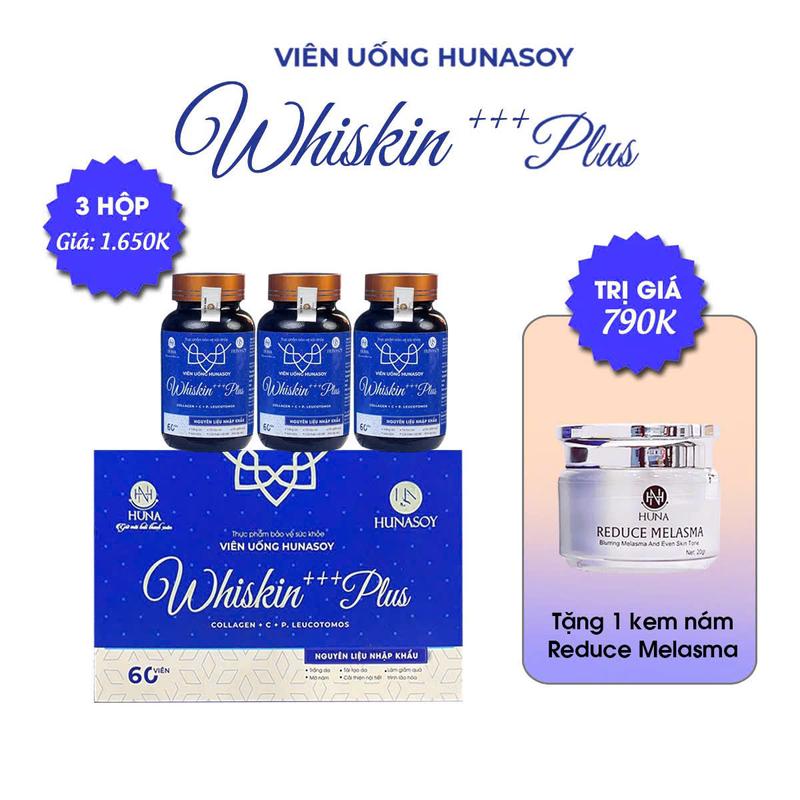[HNS HUNASOY] 3 HỘP  WHISKIN+++ PLUS TẶNG KEM REDUCE hỗ trợ sắc tố da ( hộp 60 viên)