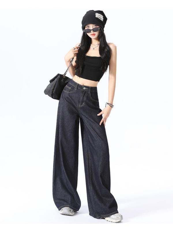 Quần jean dài ống rộng xanh than Hip Hốp cạp cao phong cách unisex 8