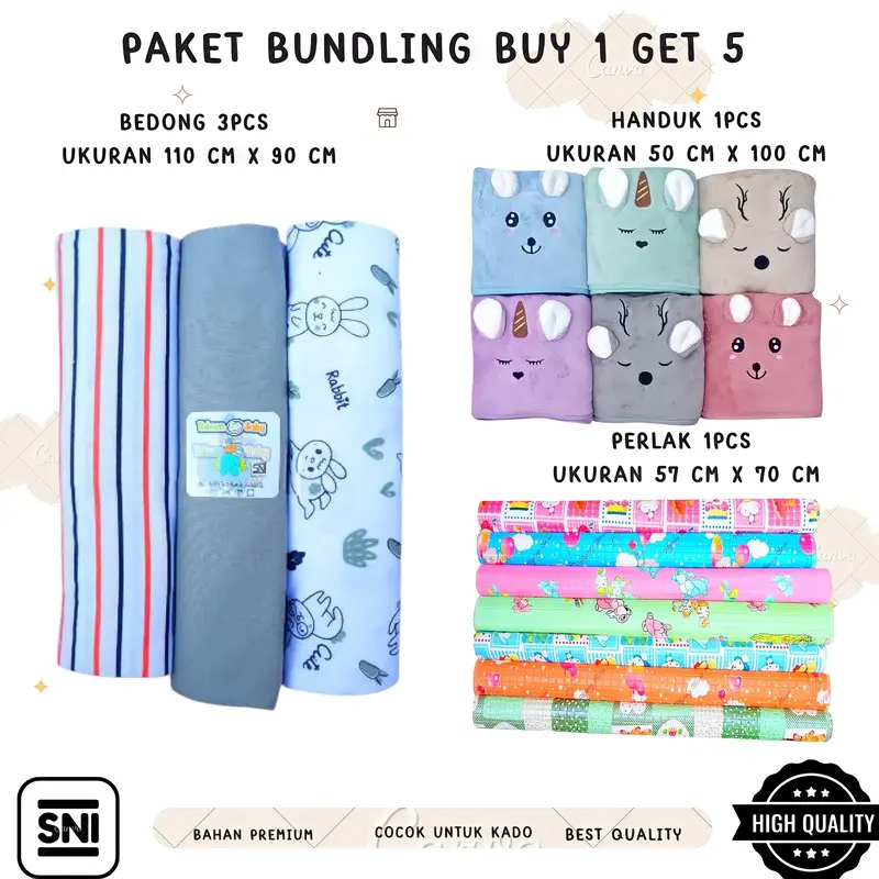 Paket Bundling Bayi Baru Lahir Buy 1 Get 5 (Bedong Jumbo 110 x 90 cm, Handuk Microfiber, Perlak Bayi) - Alas 6