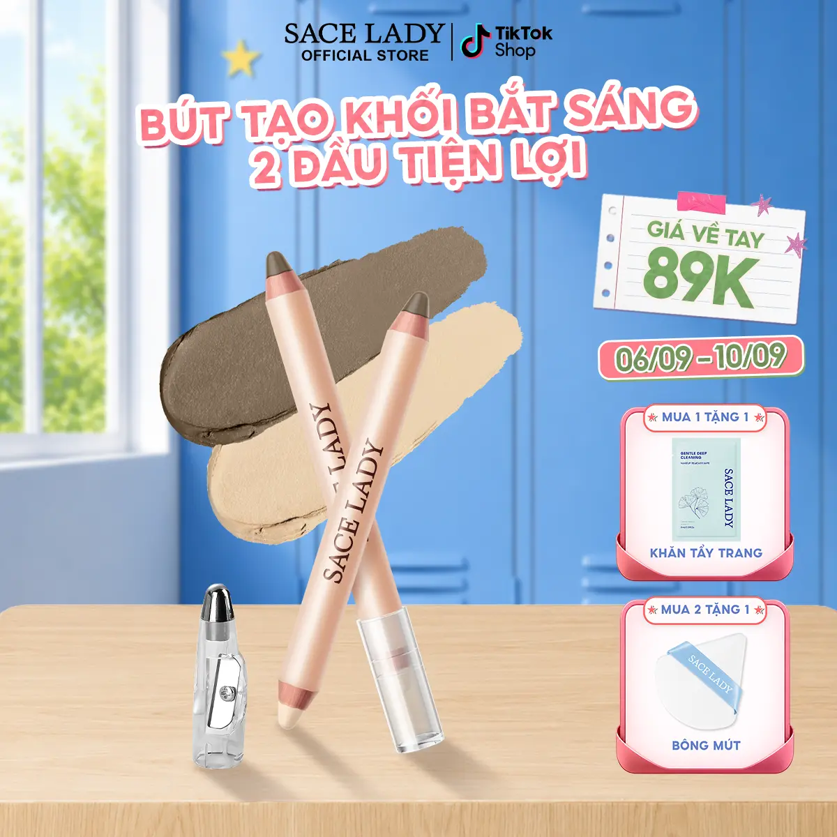 [COD] Bút tạo khối bắt sáng SACE LADY hai đầu dễ sử dụng tiện lợi lâu trôi bền màu 3.2G