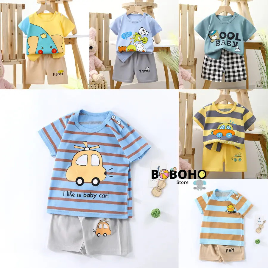 BOBOHO - Setelan Baju Bayi  / Baju Katun Anak Laki-laki / Setelan Kaos Anak / Baju Bayi Lengan Pendek PART 4 Anak-Anak Fashion