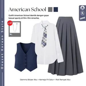 American School Yearbook Outfit (Atasan Vest Basic + Atasan Kemeja Basic + Baawahan Rok Remple ) OOTD Yearbook Remaja - FO03