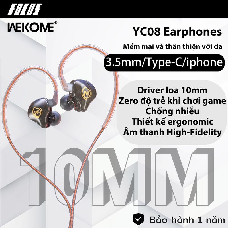 Tai nghe dây nhét tai WEKOME YC08 ssgaming tích hợp micro cản tiếng ồn điều chỉnh âm thanh Trong Suốt BH chính hãng