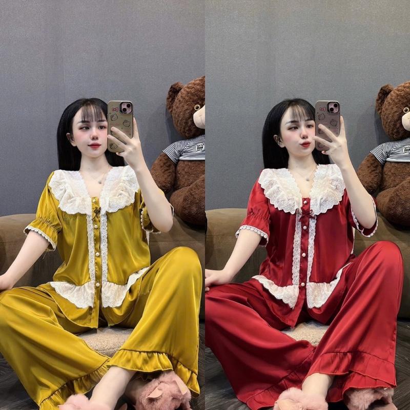 Đồ Bộ Ngủ Nữ Chất Lụa Latin Mềm Mịn Tay Ngắn Phối Ren Free size 40 - 60kg