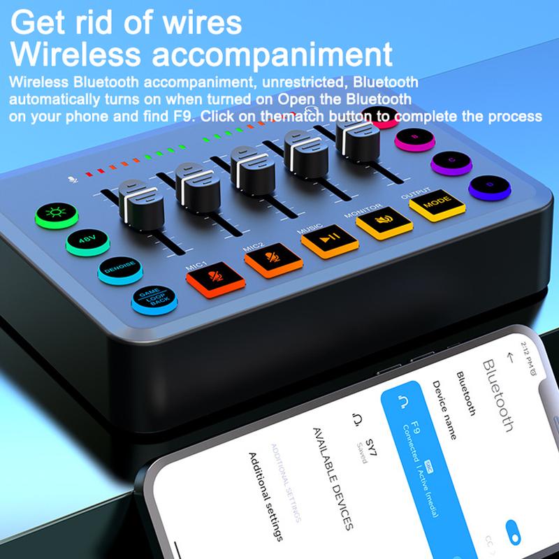 Product Introduction of F9 Live Podcast Equipment Bundle, Live Sound Card Broadcast Device Microphone Audio Set, Computers Phones Wireless BT Connection for Streaming/Live Broadcast/Recording 14