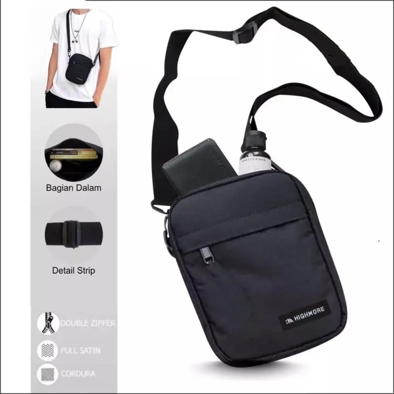 Paket Super Hemat Selempang HIGHMORE Slingbag BUY 1 GET 3 Selempang Waistbag Dompet - Bundling HM Pria Cowok 5