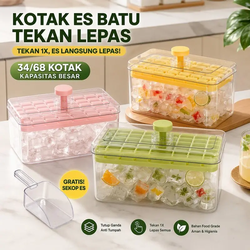 Cetakan Es Batu Press Handle Sekali Tekan Wadah Transparan Ice Tray Box Dengan Sekop Segel Udara Tahan Bocor Untuk Piknik Camping 34 68 Grid 2 Tray 19CM×11CM×10CM