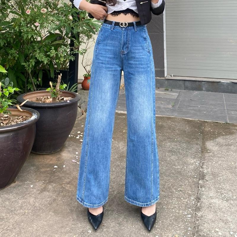   CÓ 9 TẤC KHUY CẮT SẴN  QUẦN JEAN NỮ QC ỐNG XUÔNG KHÔNH CO GIÃN XANH DA TRỜI SỌC GÂN TÚI KIỂU K001 