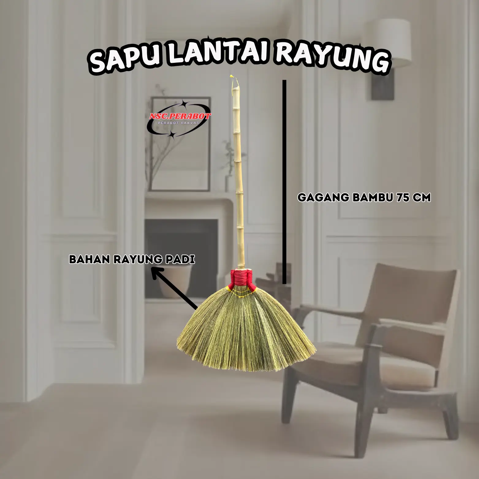 Sapu Lantai Rayung Premium Magelang Sapu Lantai Ceblok Gagang Rotan dengan gagang