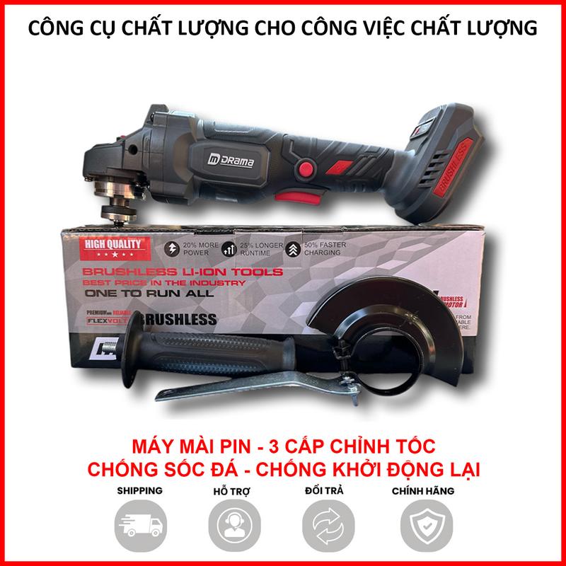 Máy mài góc Drama 5122B chống sốc đá, động cơ lõi đồng không chổi than, logo nổi, chân pin phổ thông