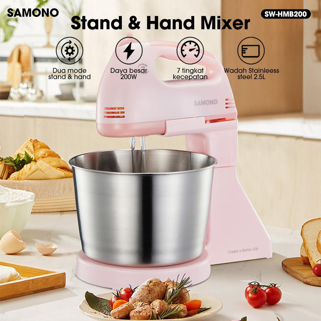 【GREBEK GUDANG SUANVINZLIE】Samono Mixer Roti Stand Mixer & Hand Mixer 2in1 Daya 200W, 7 Kecepatan, Wadah Stainless Steel 2.5L (SW-HMB200)