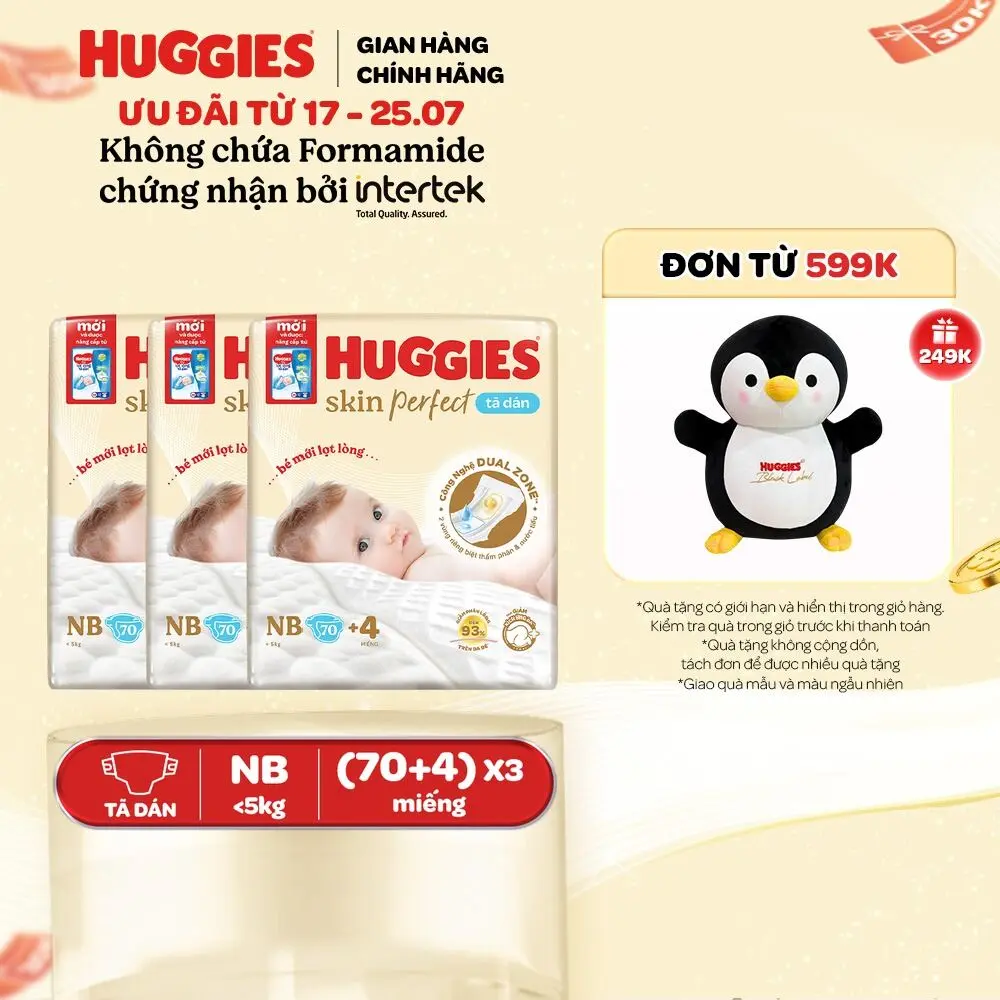 [Creator] Thùng 3 gói Tã/bỉm dán sơ sinh Huggies Skin Perfect với 2 vùng thấm giảm kích ứng da Size NB70+4/S54+4/S80+2/M76+3  [CTKM cộng miếng thay đổi theo từng đợt nhập hàng]