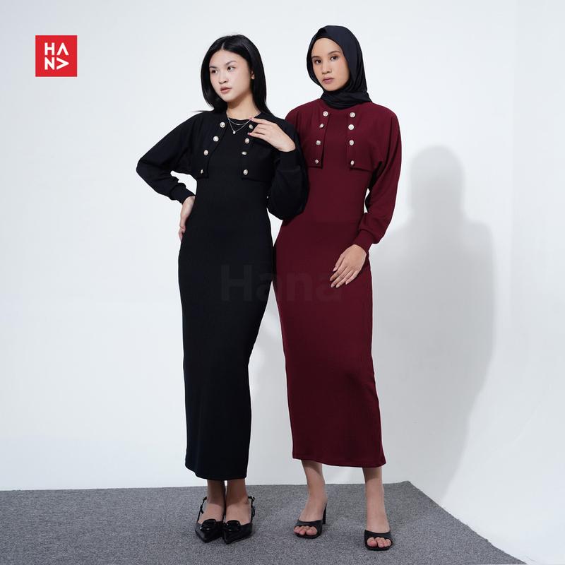 Hana Fashion - Caroline Long Dress/Dress Outer Set Wanita/ Long Dress Simple/ Long Dress Casual/ Dress Casual/ Dress Panjang/ Setelan Dress Blazer/ Long Dress Lebaran/ Baju Lebaran - CD291 1