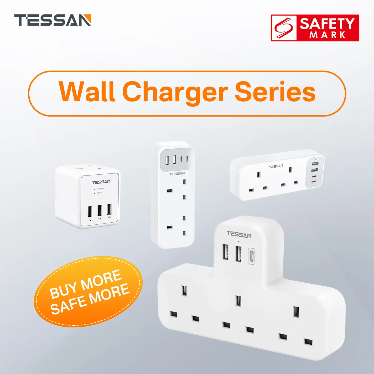 TESSAN Extension Plug Adaptor with USB (Type C), Multi Plug Socket Wall Charger Adapter with 3/4 USB ports for Kitchen, living room, Office, etc.