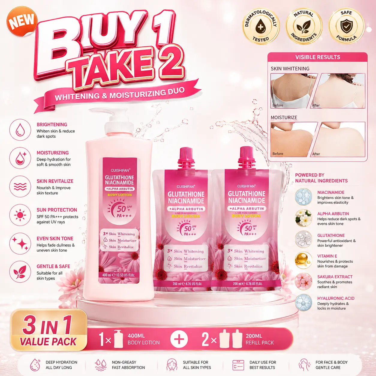 BUY 1 TAKE 1】 CUISHIFAN Glutathione Niacinamide Body Lotion SPF50 PA++ - 3X  Whitening Moisturizer 400ml+200ml for Spot Treatment of Dark Areas - Acne  Moisture Hydrating Skin Repair