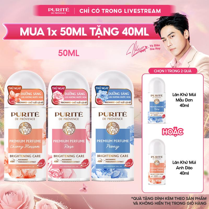 Lăn Khử Mùi Dưỡng Sáng Hương Nước Hoa Cao Cấp Purité Hương Hoa Anh Đào / Hương Hoa Hồng / Hương Hoa Mẫu Đơn 50ML + Tặng Lăn Khử Mùi Dưỡng Sáng Hương Nước Hoa Cao Cấp Purité 40ML