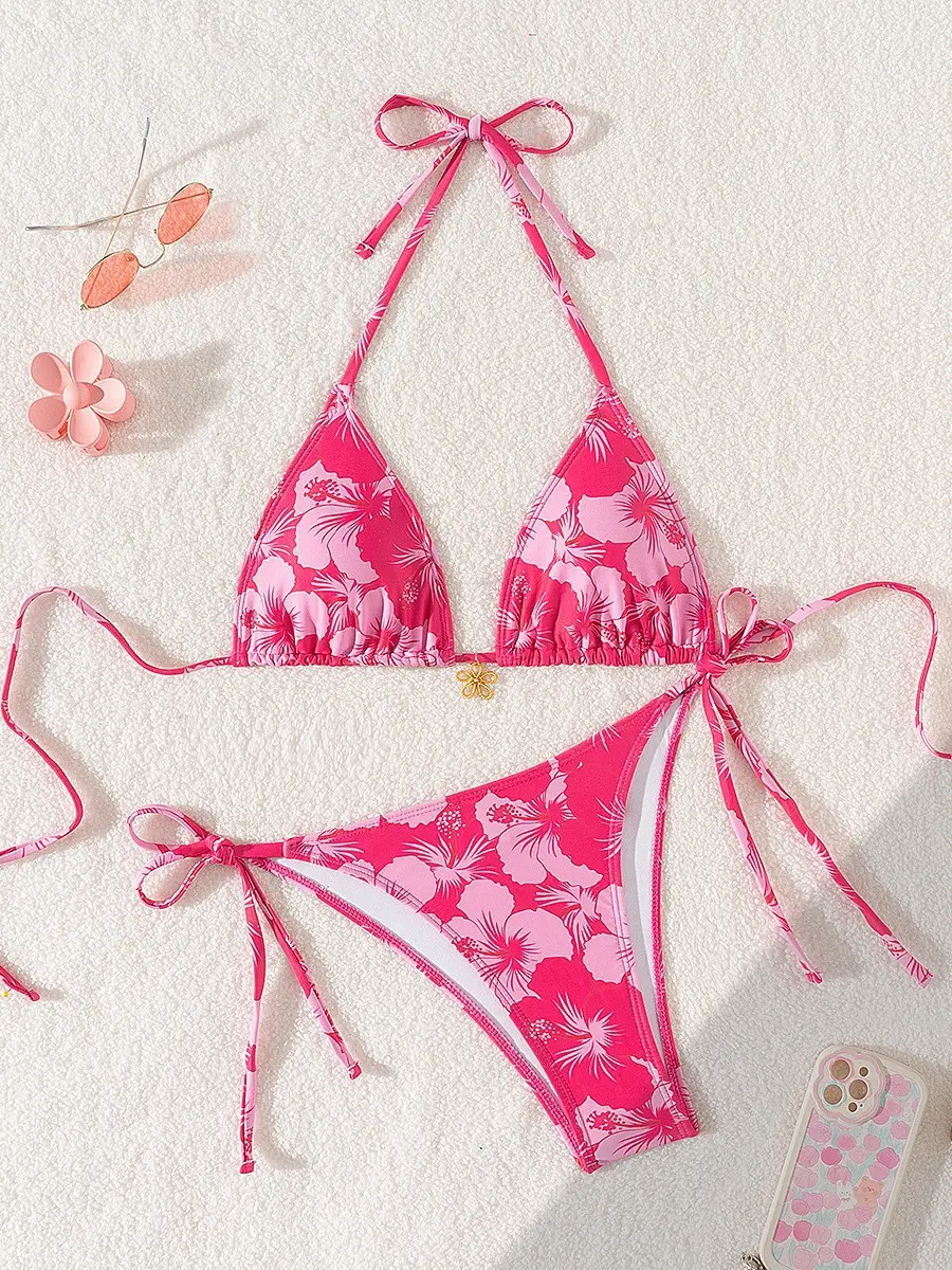 Strap bikini sexy metal flower pendant printed split swimsuit set