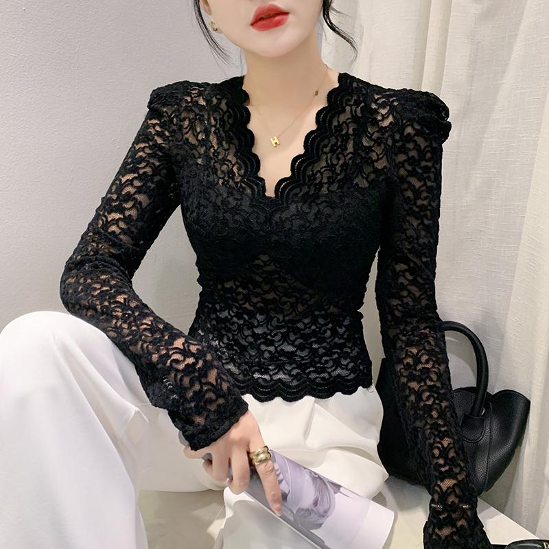 Áo Sơ Mi Nữ, DL 2025, Hàng Mới Về Mùa Thu, Cổ Chữ V, Áo Áo Chui Đầu Ngắn, Dáng Ôm, Tay Dài Bong Bóng, Có Ren, Màu Đen, Áo Phong Cách Hàn Quốc