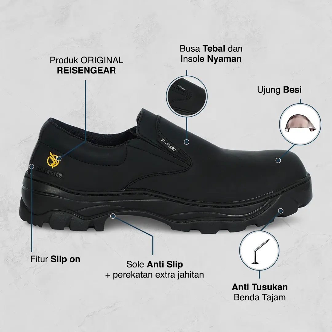 REISEN GEAR - STANDARD SLIP ON | SEPATU SAFETY TANPA TALI MODEL STANDARD WARNA HITAM SAFETY SHOES PABRIK ANTI SLIP UJUNG BESI