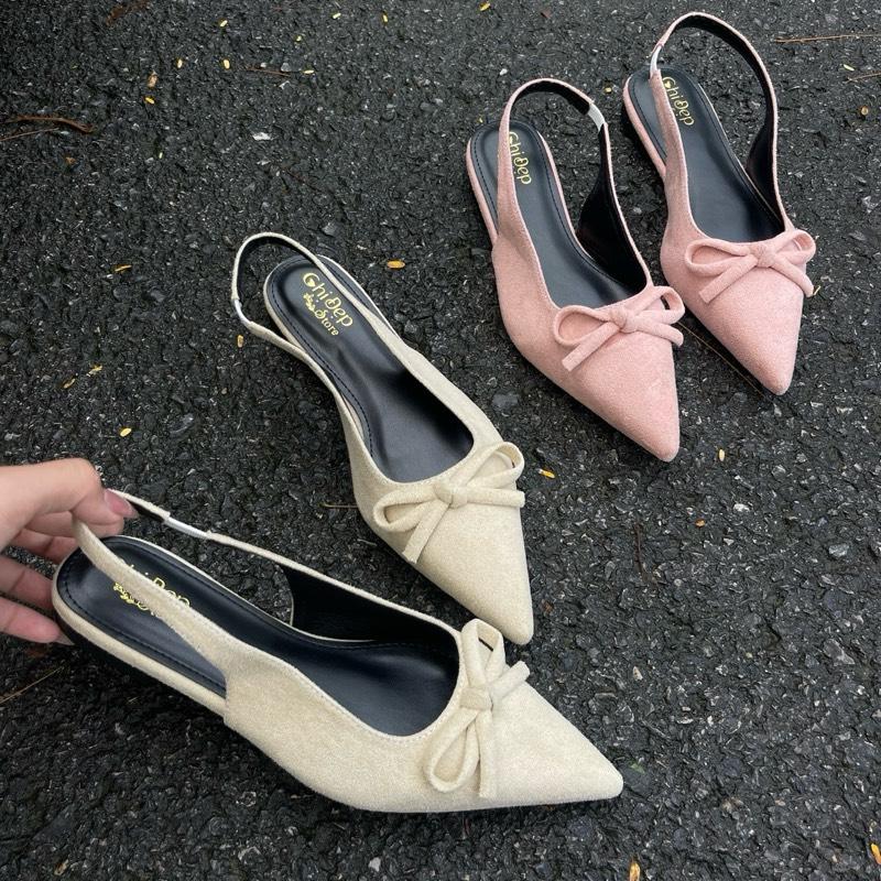 Chị Đẹp Store - Giày Cao Gót Nữ Mũi Nhọn Da Lộn Sang Trọng Phối Nơ Gót 1cm- 7cm- 9cm Giày Búp Bê Nơ - CD147 Shoes Nữ