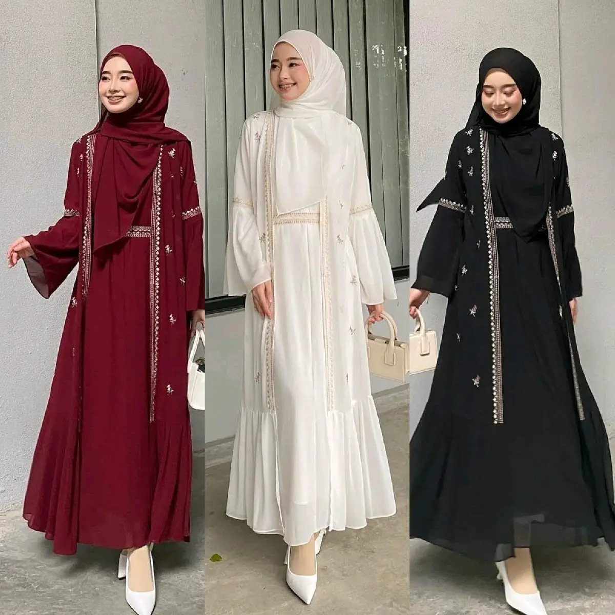 Safwa Abaya Dress Gamis Pesta Kondangan Wanita Muslim Remaja Dewasa Simple Mewah Elegant Bahan Ceruty Babydoll Aplikasi Bordir Cantik Kaftan Lebaran Terbaru Hitam Putih