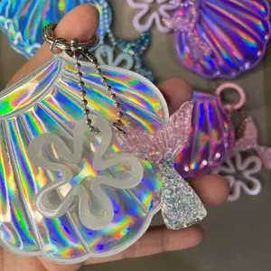 Kaca Cermin Saku Shell dengan Desain Hologram dan Hiasan untuk Aksesori Cantik
