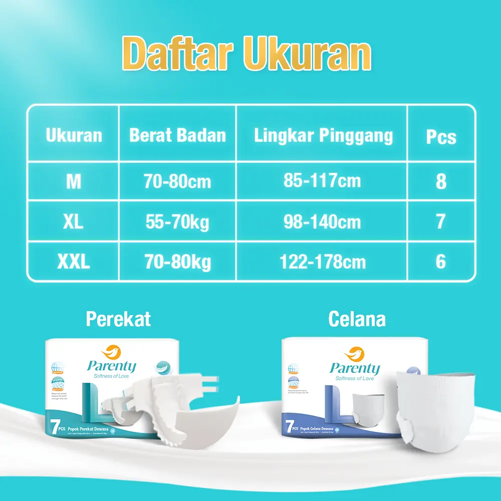 [1 PACK] PARENTY Adult Tape Soft Diapers Size M8/L7/XL6 - Kemasan Baru Popok Perekat Dewasa Lembut Menyerap Cepat Popok orangtua celana dewasa Popok Celana popok dewasa