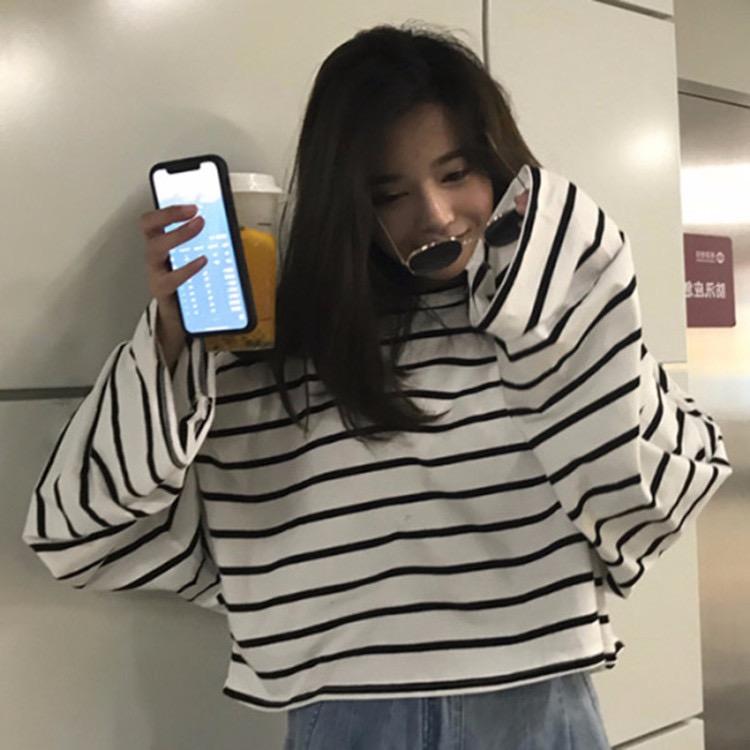 N22 - Atasan Wanita Korea Lengan Panjang Strip Sweater Round Neck Long Sleeve Sweatshirt 1