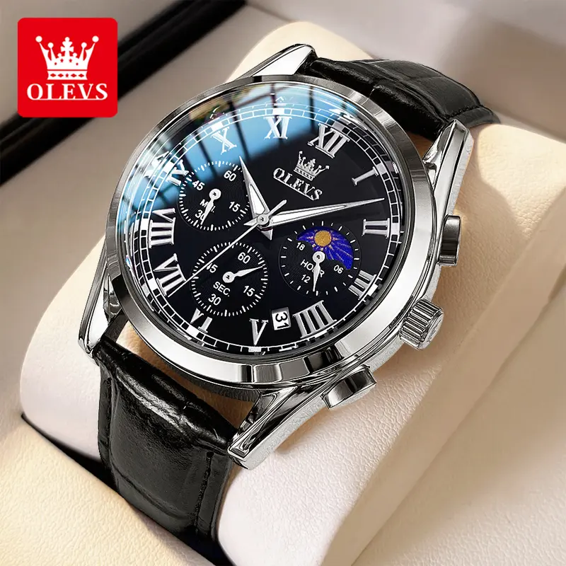 【1-year warranty】OLEVS đồng hồ nam dây da Nguyên bản dạ quang chống nước thương mại Lịch Đa chức năng Đồng hồ Chronograph Chống mài mòn và chống trầy xước Đồng hồ Thạch Anh G28-71 Watch Đeo Tay