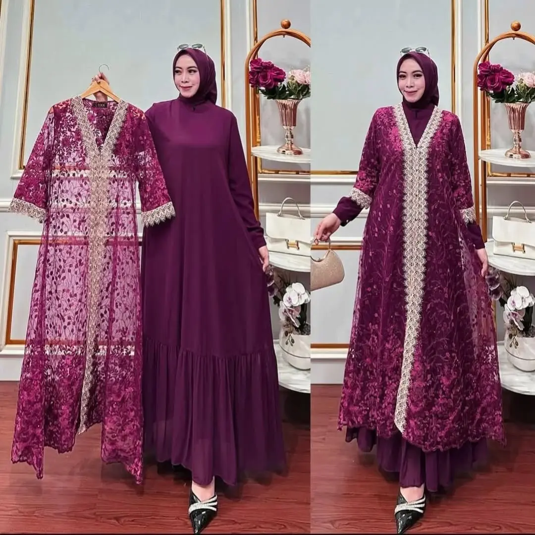 Gamis Wanita 2025 Lebaran Dress Muslimah Remaja Perempuan Aksen Renda Mewah Gamis Set Rompi Brokat Lepas Pasang Gamis Maxi Pesta Mewah Dewasa Lebaran