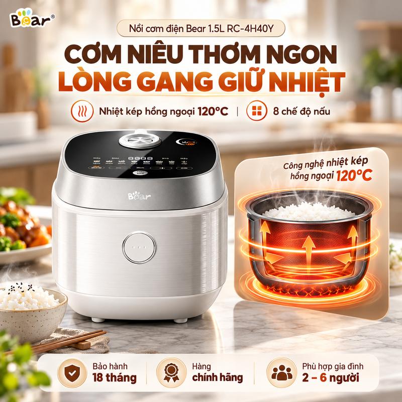 Nồi cơm điện BEAR RC-4H40Y Tiếng Việt 3-6 người ăn Lõi 1,5L gang Ceramic Pro 9H - 8 chế độ nấu BH 18 tháng