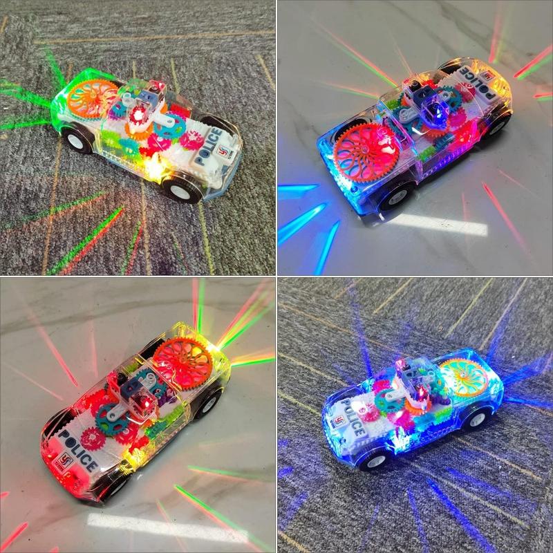 Light Up Transparent Gears Police Car Toy for Kids Bump and Go Toy Car for Boys Girl Educational Baby Toys Car Music LED Effects 2