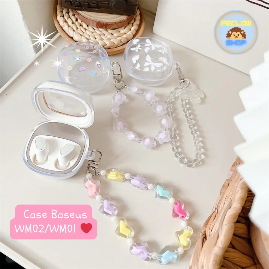 Case Baseus WM02/WM01 Earphone Case Fancy Butterfly Tulip Motif Bunga Cinta Hati Lembut TPU Aksesoris Headphone